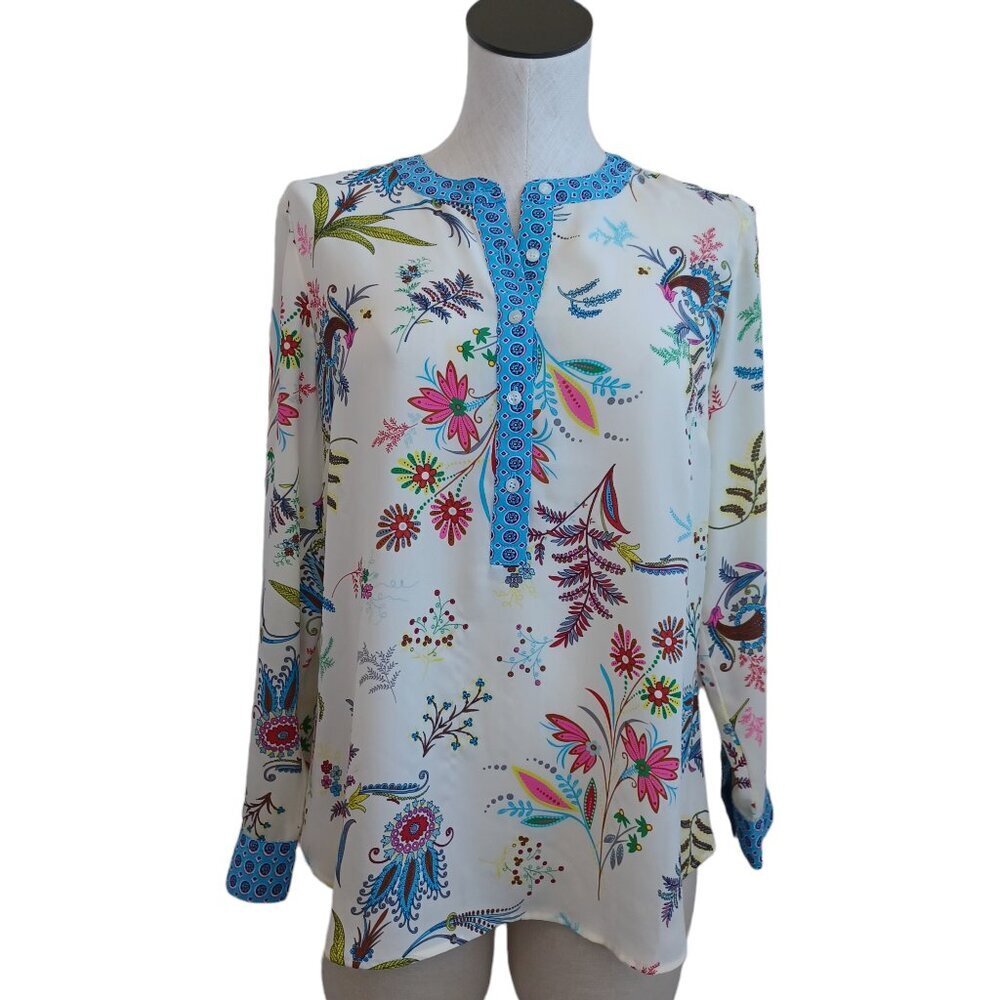 Talbots Petite Floral Henley Blouse Ivory Blue Multi Size MP Long Sleeve Top